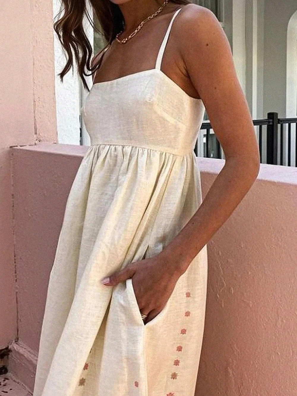 Commense Ivory Maxi Dress with Pink Floral Border - Picture 4 of 12